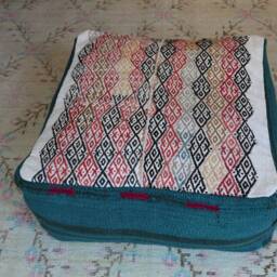 Vintage Kilim Rug Pouf, Turquoise & White Square Ottoman - thumbnail 2