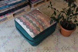 Vintage Kilim Rug Pouf, Turquoise & White Square Ottoman