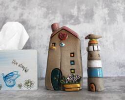 Miniature Ceramic House, Rustic Lighthouse, Home Decor, Collectibles, Inspiring Art, Gift Dad