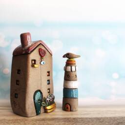 Miniature Ceramic House, Rustic Lighthouse, Home Decor, Collectibles, Inspiring Art, Gift Dad - thumbnail 3