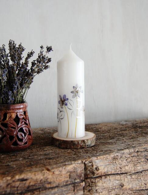 Pillar Candle With Real Pressed Violets, Handmade Hygge Home Decor - image 1