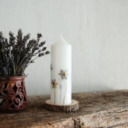 Pillar Candle With Real Pressed Violets, Handmade Hygge Home Decor - thumbnail 3