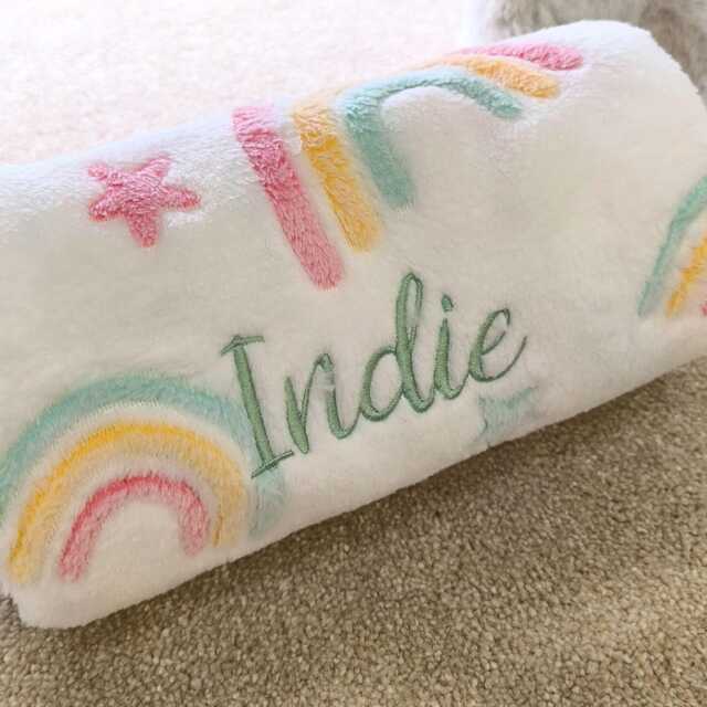 Rainbow Embroidered Baby Blanket Personalised Name - Boys & Girls Soft Nursery Wrap - image 1