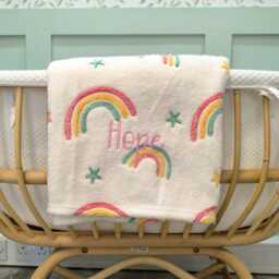Rainbow Embroidered Baby Blanket Personalised Name - Boys & Girls Soft Nursery Wrap - thumbnail 3