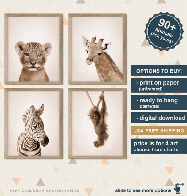 African Baby Animal Prints, Safari Nursery Animals Canvas, Zoo Decor, Prints For Kids Room - image 1