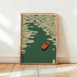 Minimalist Canoe Art Print - Japanese Zen Lily Pad Poster Emerald Green & Ochre Lake Scenery Wall Decor - thumbnail 1