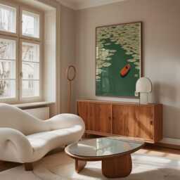 Minimalist Canoe Art Print - Japanese Zen Lily Pad Poster Emerald Green & Ochre Lake Scenery Wall Decor - thumbnail 3