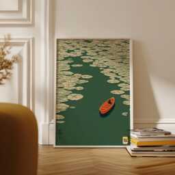 Minimalist Canoe Art Print - Japanese Zen Lily Pad Poster Emerald Green & Ochre Lake Scenery Wall Decor - thumbnail 2