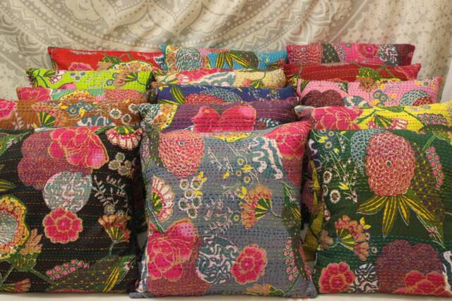 Floral Kantha Pillow Cover Embroidered Bohemian Farmhouse Decor - image 1