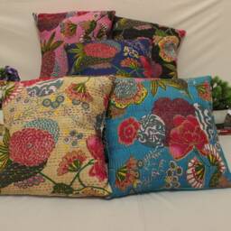 Floral Kantha Pillow Cover Embroidered Bohemian Farmhouse Decor - thumbnail 2