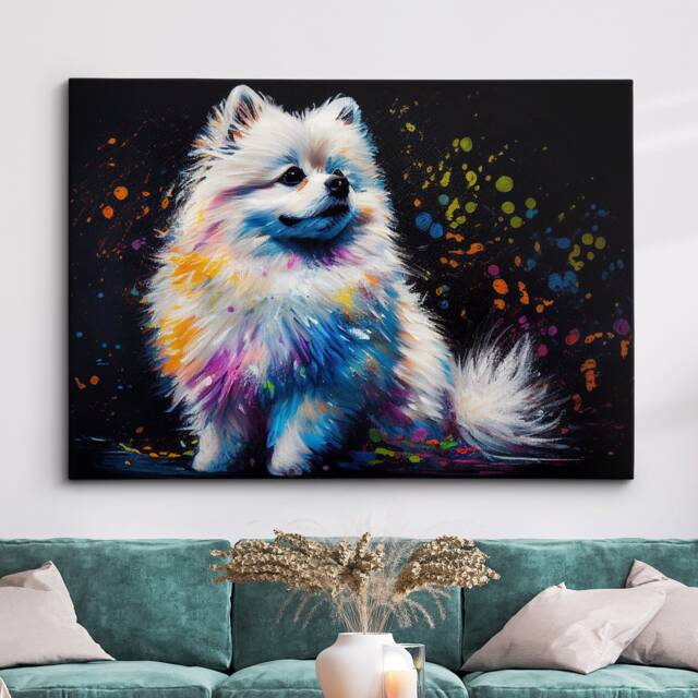 Colorful Pomeranian Dog Pet Abstract Modern Oil Painting Wall Art, Framed Canvas Poster Print, Home Kitchen Office Room Decor, Gifts - image 1