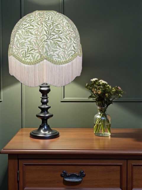 Handcrafted William Morris Willow Bough Fabric Dome Lampshade Sage Green, Cream Fringe, British Handmade - image 1