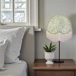 Handcrafted William Morris Willow Bough Fabric Dome Lampshade Sage Green, Cream Fringe, British Handmade - thumbnail 3
