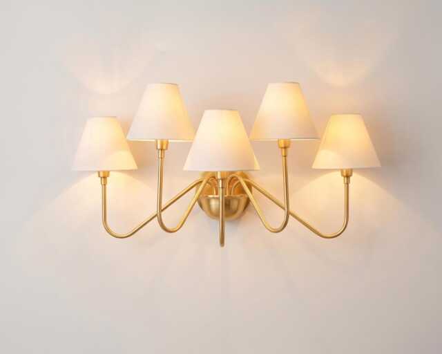 Wall Light Luxury Brass Gold Multi Arm Fixture, Five Shade Lamp With White Fabric Shades, Modern Lighting For Living Room & Bedroom - image 1