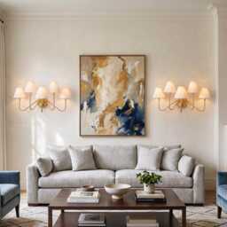 Wall Light Luxury Brass Gold Multi Arm Fixture, Five Shade Lamp With White Fabric Shades, Modern Lighting For Living Room & Bedroom - thumbnail 4