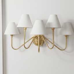 Wall Light Luxury Brass Gold Multi Arm Fixture, Five Shade Lamp With White Fabric Shades, Modern Lighting For Living Room & Bedroom - thumbnail 2