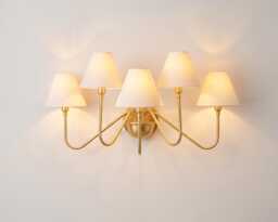 Wall Light Luxury Brass Gold Multi Arm Fixture, Five Shade Lamp With White Fabric Shades, Modern Lighting For Living Room & Bedroom - thumbnail 1