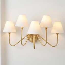 Wall Light Luxury Brass Gold Multi Arm Fixture, Five Shade Lamp With White Fabric Shades, Modern Lighting For Living Room & Bedroom - thumbnail 3