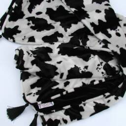 Black & White Cow Print Plush Velvet Blanket With Tassels - thumbnail 2