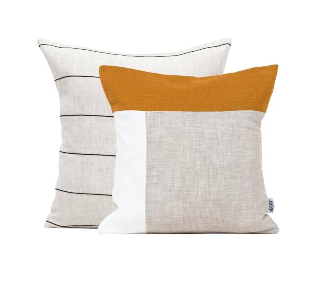 Mid Century Modern Pillow Set Of 2 Linen Cushion Covers, Neutral & Mustard Case Combo, Handmade Throw Cover Collection UK - image 1