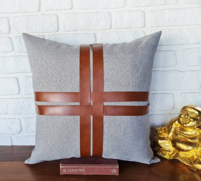 Cognac Leather & Gray Linen Pillow Cover Modern Home Decor - image 1