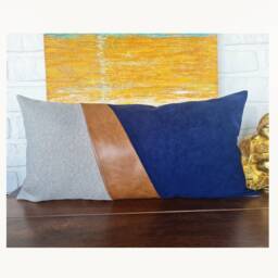 Cognac Leather & Gray Linen Pillow Cover Modern Home Decor - thumbnail 3