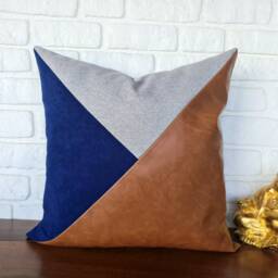 Cognac Leather & Gray Linen Pillow Cover Modern Home Decor - thumbnail 2