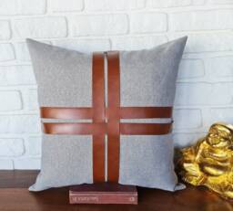 Cognac Leather & Gray Linen Pillow Cover Modern Home Decor - thumbnail 1