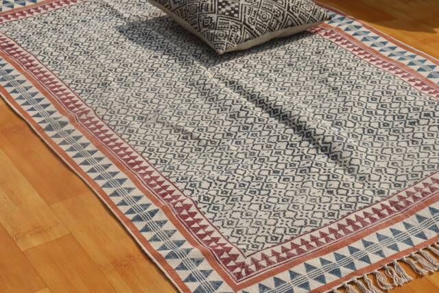 Handmade Block Printed Cotton Rug, Geometric Vintage Style - image 1