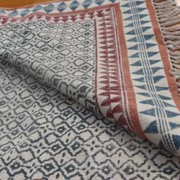 Handmade Block Printed Cotton Rug, Geometric Vintage Style - thumbnail 2