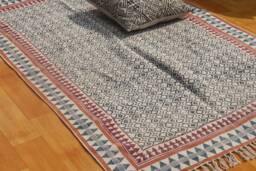 Handmade Block Printed Cotton Rug, Geometric Vintage Style - thumbnail 1