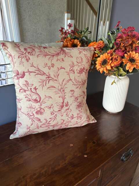 Handmade Cushion in Laura Ashley Ironwork Scroll Raspberry Lichen - image 1