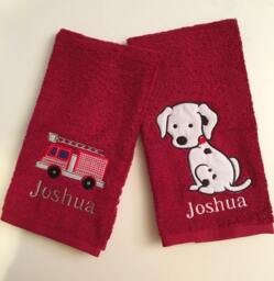 Firetruck & Dalmatian Hand Towels - For Your Little Fireman Set Of Two