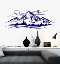 Wall Vinyl Decal Mountains & Trees Night Sky Nature Landscape Hand Drawing Sketch Modern Home Decor - #1193Dz - thumbnail 1
