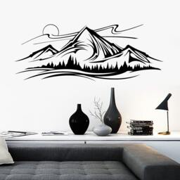 Wall Vinyl Decal Mountains & Trees Night Sky Nature Landscape Hand Drawing Sketch Modern Home Decor - #1193Dz - thumbnail 2