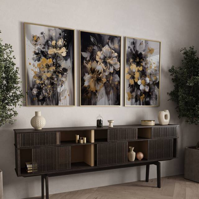 Set Of 3 Black & Gold Wall Art - Flowers Theme Floral Rose - image 1