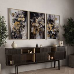 Set Of 3 Black & Gold Wall Art - Flowers Theme Floral Rose - thumbnail 1