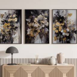 Set Of 3 Black & Gold Wall Art - Flowers Theme Floral Rose - thumbnail 2