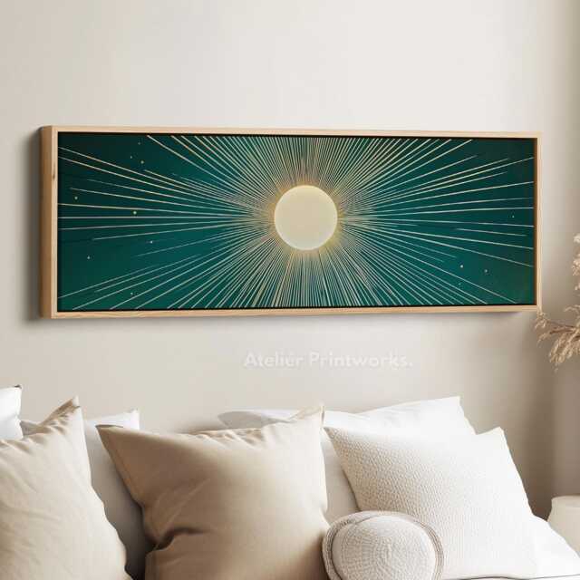 Long Abstract Sunburst Wall Art - Golden Rays On Teal Background, Modern Horizontal Canvas For Contemporary Home Decor - image 1