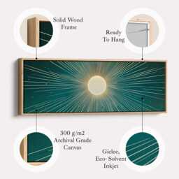 Long Abstract Sunburst Wall Art - Golden Rays On Teal Background, Modern Horizontal Canvas For Contemporary Home Decor - thumbnail 2