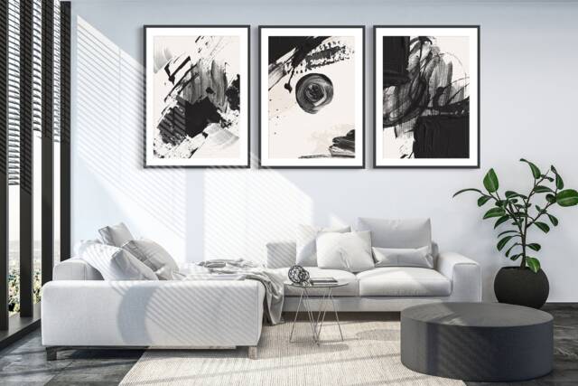 Abstract Wall Art Prints, Art, Set Of 3 Neutral Painted Beige, Black - image 1