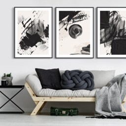 Abstract Wall Art Prints, Art, Set Of 3 Neutral Painted Beige, Black - thumbnail 3