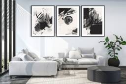 Abstract Wall Art Prints, Art, Set Of 3 Neutral Painted Beige, Black - thumbnail 1
