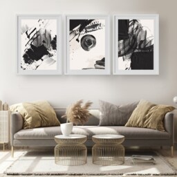 Abstract Wall Art Prints, Art, Set Of 3 Neutral Painted Beige, Black - thumbnail 2
