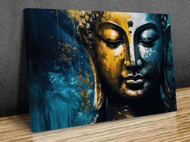 Serene Buddha Wall Art - Abstract Gold & Blue Spiritual Canvas Print Zen Decor For Meditation Room, Mounted Canvas Print Ready To Hang - image 1