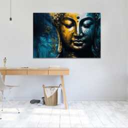 Serene Buddha Wall Art - Abstract Gold & Blue Spiritual Canvas Print Zen Decor For Meditation Room, Mounted Canvas Print Ready To Hang - thumbnail 3