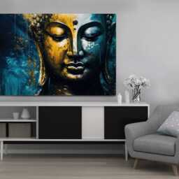 Serene Buddha Wall Art - Abstract Gold & Blue Spiritual Canvas Print Zen Decor For Meditation Room, Mounted Canvas Print Ready To Hang - thumbnail 2