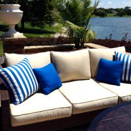 Striped Outdoor Sunbrella Pillow Cover With Pacific Blue & White Stripes, Decorative Throw Cushions For Patio Pool Loungers - thumbnail 2