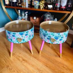 Pair Of Bedside Tables, Blue & Mint Tropical Flamingo Pink Nightstand With Gold Top, Round Side Table Storage Drawer, Eclectic Design - thumbnail 3