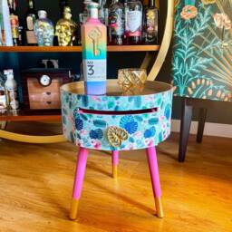 Pair Of Bedside Tables, Blue & Mint Tropical Flamingo Pink Nightstand With Gold Top, Round Side Table Storage Drawer, Eclectic Design - thumbnail 4